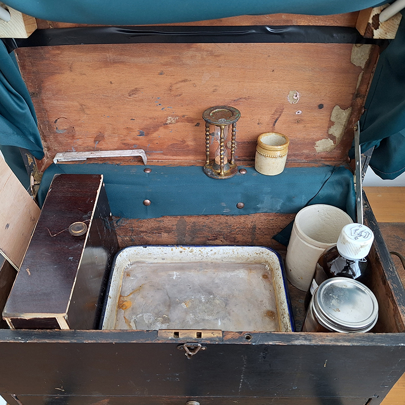 Interior of Adams portable darkroom.